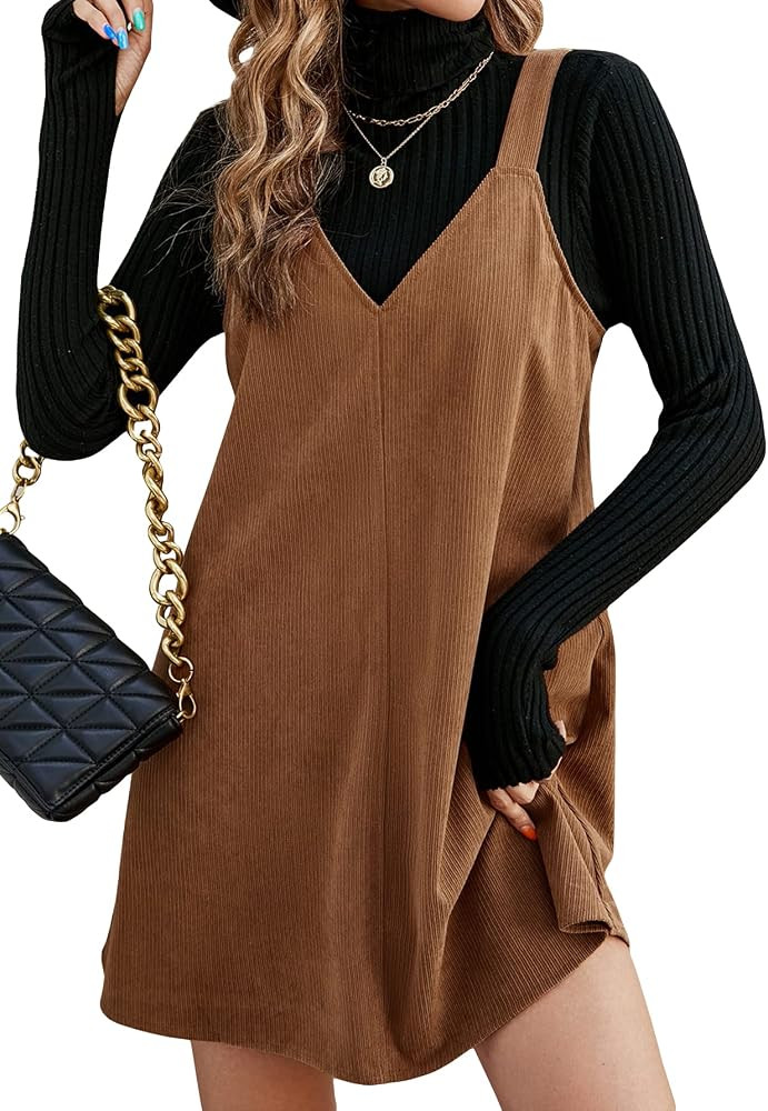 MakeMeChic Women's Casual V Neck Overall Dress Short Pinafore Dress | Amazon (US)