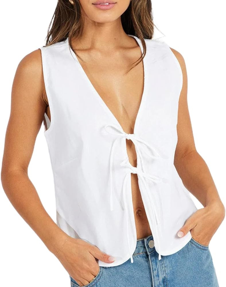 Women Y2K Tie Front Tank Tops Plaid Print Sleeveless V Neck Bow Tie Vest Tops Open Front Lace Up ... | Amazon (US)