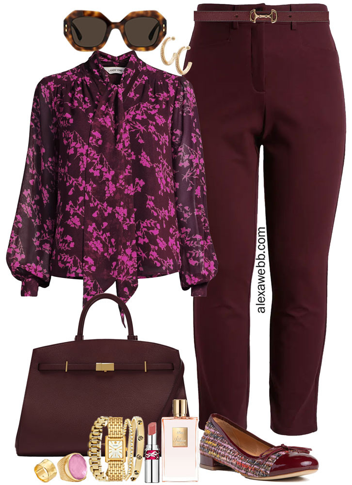 Plus Size Burgundy Winter Work Outfits - A plus size business casual outfit for the office this winter. A plus size floral print burgundy blouse is paired with burgundy pants and tweed flats. A burgundy bag finishes the look. Alexa Webb #plussize #alexawebb 

 #LTKMidsize #LTKPlusSize #LTKWorkwear