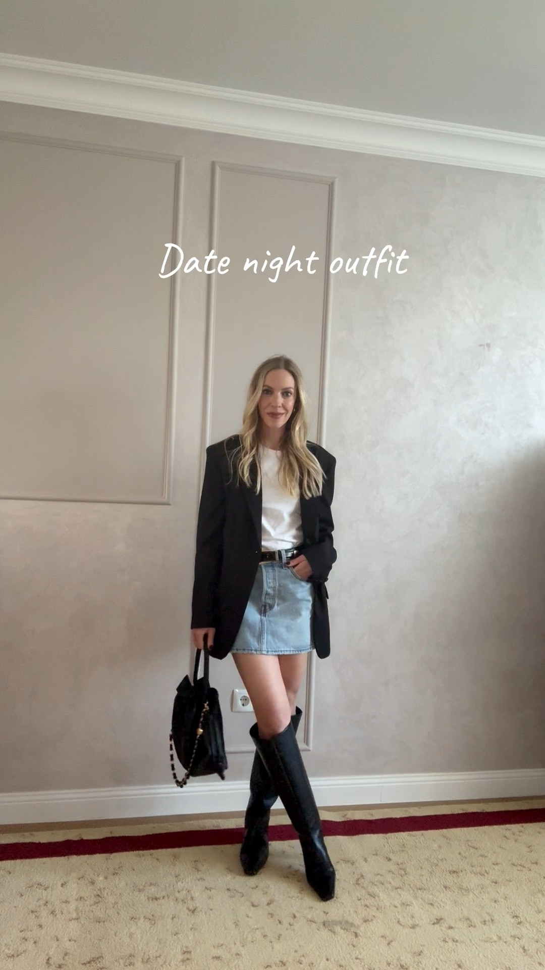 Date night outfit, @levi denim mini skirt, oversized blazer with mini skirt and tall boots, Loewe Flamenco pouch handbag 

#LTKSaleAlert #LTKOver40 #LTKSeasonal