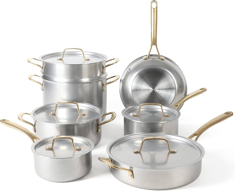 MARTHA STEWART Vintage 18/8 Triply Stainless Steel 12 Piece Cookware Set w/Gold Handles | Amazon (US)