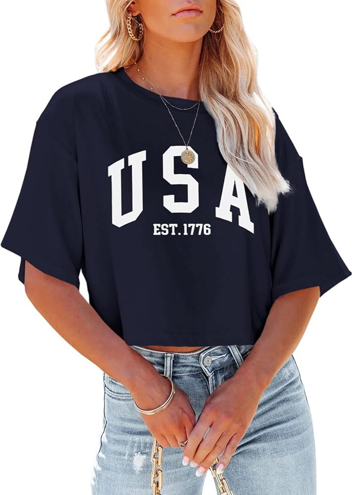 Tankaneo Womens Los Angeles California Letter Print Half Sleeve Cropped T Shirt Drop Shoulder O Neck | Amazon (US)