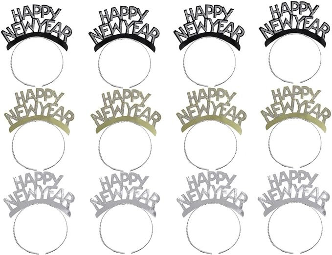 Amosfun HAPPY NEW YEAR Headband Tiara New Years Party Favors Gold Silver Black 12 Pieces | Amazon (US)