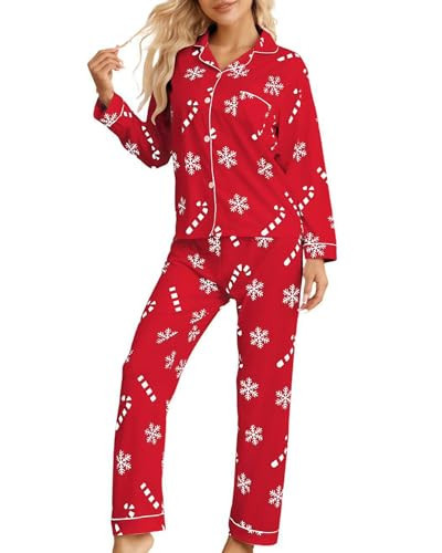 Pajamigols Christmas Pajamas for Women Set 2 Piece lounge Sets Long Sleeve Button Down Loungewear Cute Pj Soft Sleepwear Red M | Amazon (US)