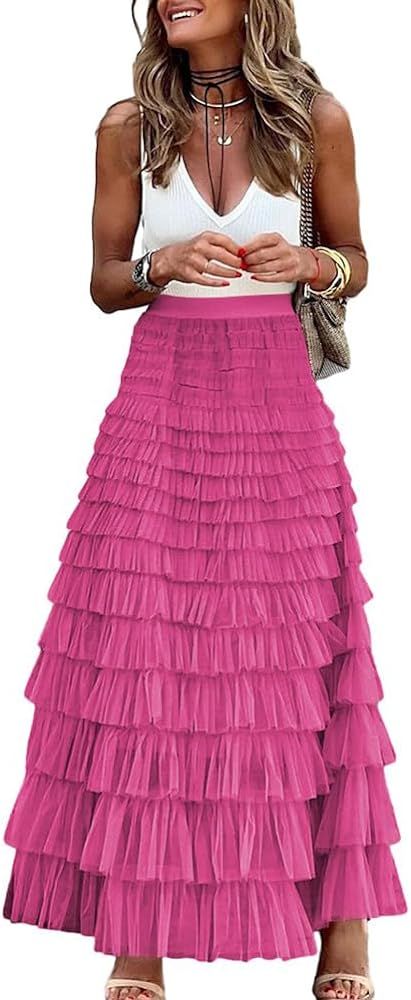 Long Tulle Skirt for Women Trendy High Waisted A Line Fluffy Fairy Mesh Layered Ruffle Skirt | Amazon (US)
