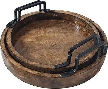 Handcrafted Rustic Wooden Round Serving Trays Round With Galvanized Handles Brown Set of 2 | Amazon (US)