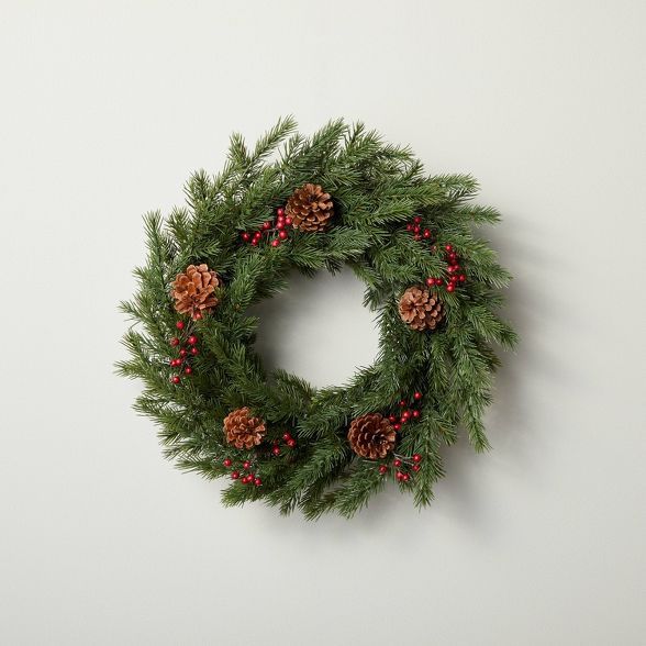 20&#34; Faux Pine Plant Wreath with Red Berries and Pinecones - Hearth &#38; Hand&#8482; with Mag... | Target