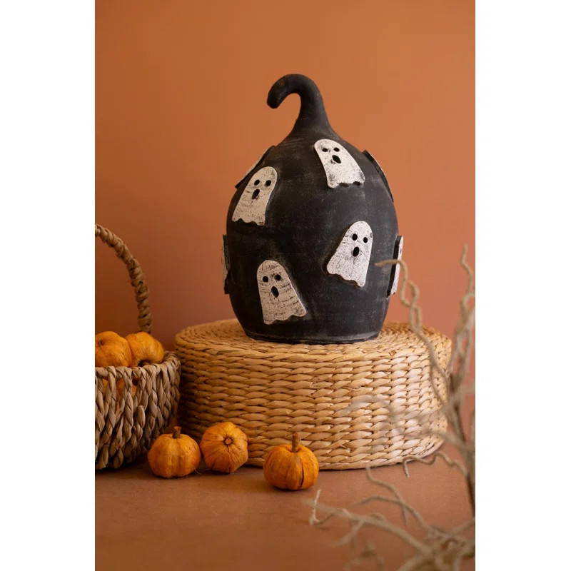 Kalalou Black Clay Pumpkin with Ghosts Luminary \u2013 Handcrafted Halloween Decor 14" | Wayfair North America