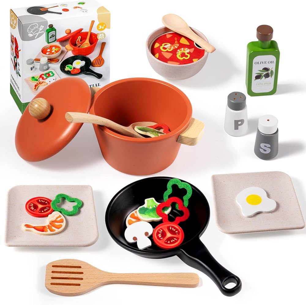 OMYBaby Wooden Play Kitchen Accessories Set for Toddlers, 25PCS Cooking Playset Food Toys with po... | Amazon (US)