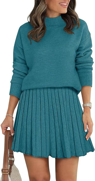 Women's Two Piece Outfits Turtleneck Long Sleeve Ribbed Knit Tops Pleated Mini Skirt 2025 Casual ... | Amazon (US)