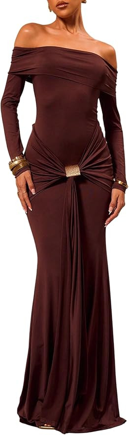 Verdusa Women's Wedding Guest Off Shoulder Maxi Dresses Ruched Bodycon Elegant Dresses | Amazon (US)