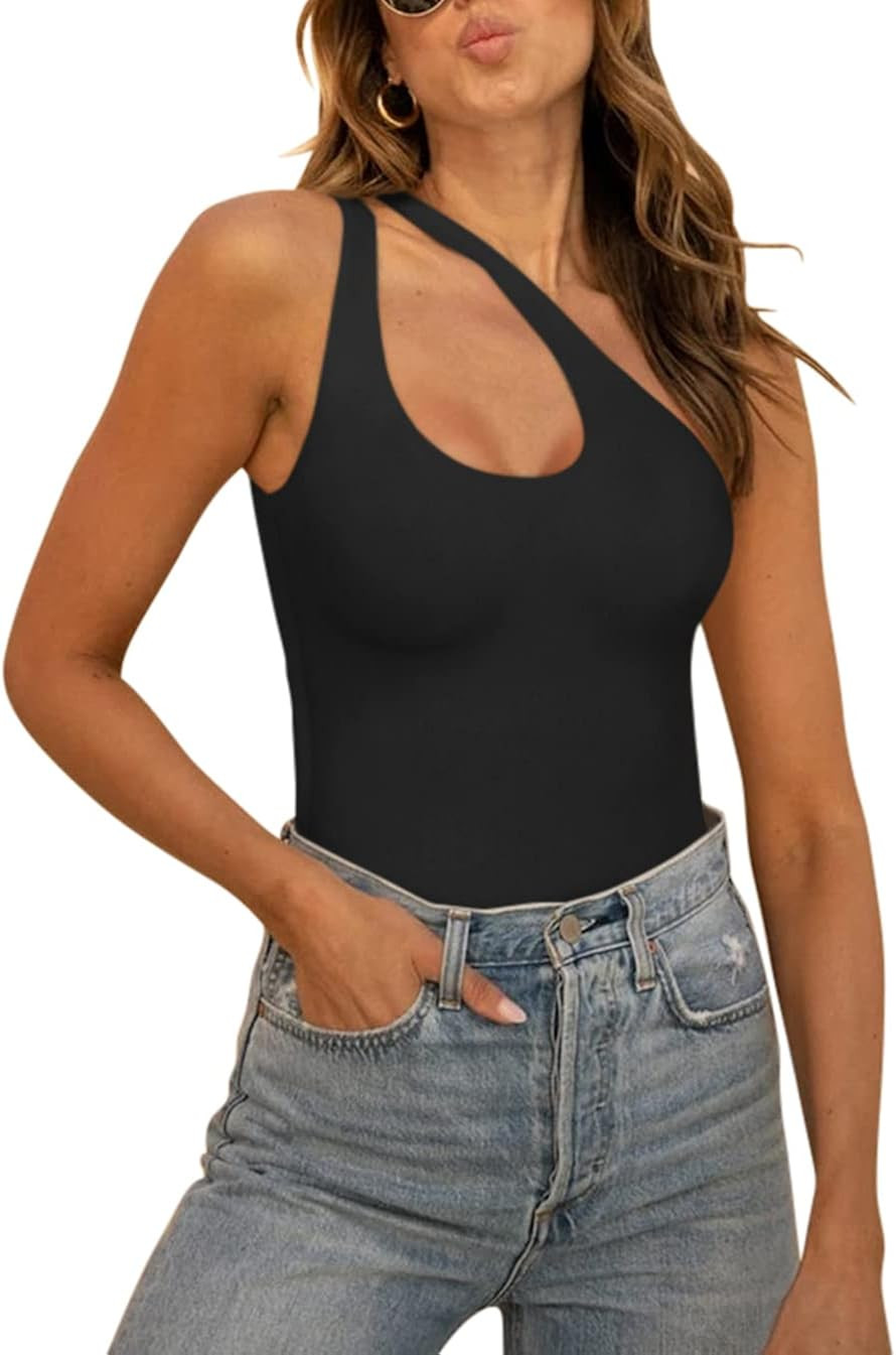 REORIA Women’s Sexy One Shoulder Cutout Front Backless Sleeveless Tank Top Bodysuits | Amazon (US)