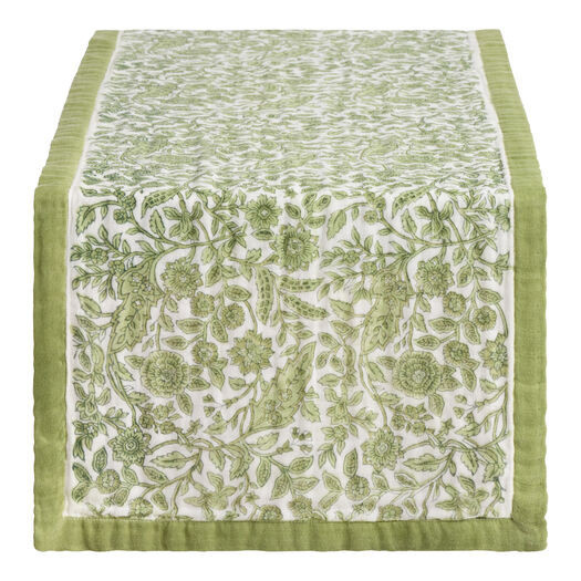 Green Cotton Gauze Floral Block Print Table Runner by World Market | World Market