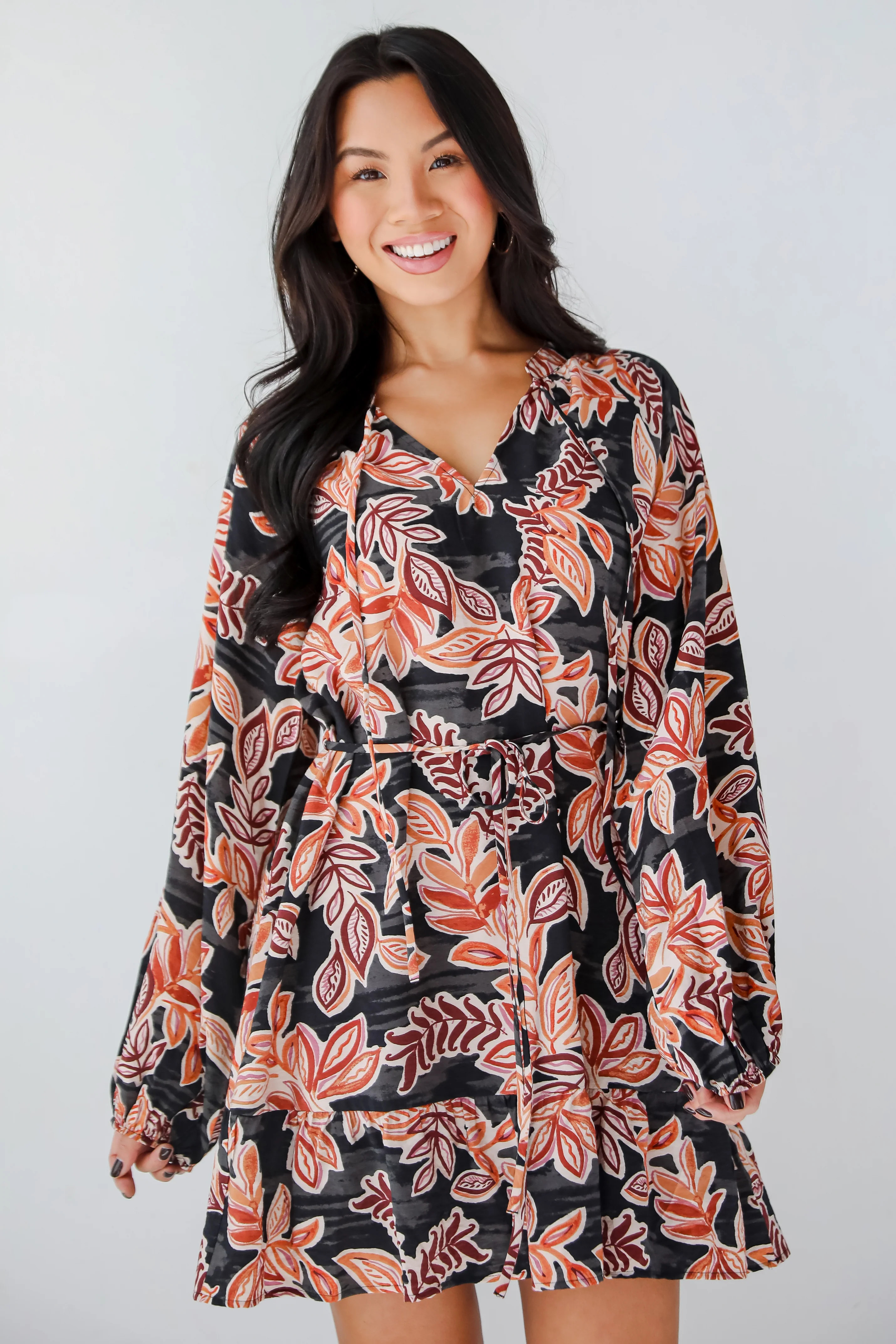 Cute Black Leaf Print Mini Dress | Floral Dresses | Dress Up | Dress Up