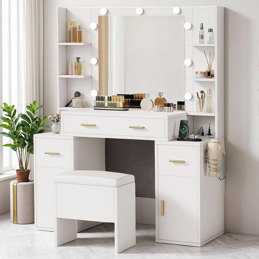 DWVO Makeup Vanity Desk with Hollywood-Style Mirror, Adjustable LED Lighting, Vanity Table Set wi... | Amazon (US)