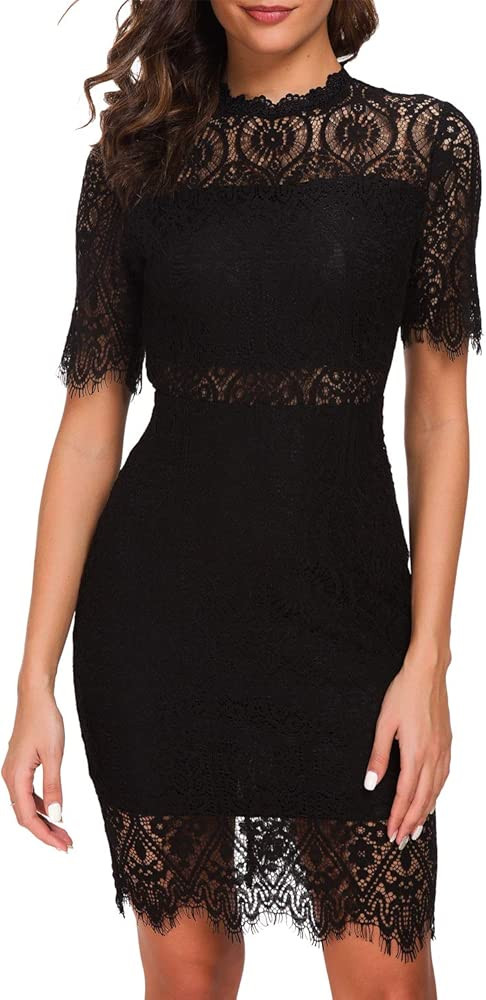 Women's Elegant High Neck Short Sleeves Lace Cocktail Party Dress | Amazon (US)