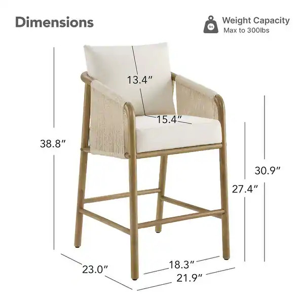 Lynn Counter Height Bar Stool with Braid Wood Arm Set of 2 - Set of 2 - Cream | Bed Bath & Beyond