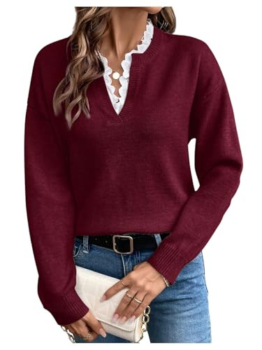 SOLY HUX Women's Long Sleeve Sweater Lace Trim Notched V Neck Knit Pullover Tops Casual Trendy Sw... | Amazon (US)