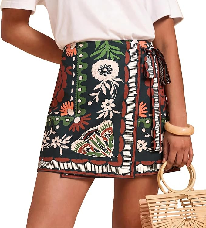 Womens Wrap Mini Skirt Boho Floral Printed Knot Side High Waist A Line Casual Summer Beach Short ... | Amazon (US)