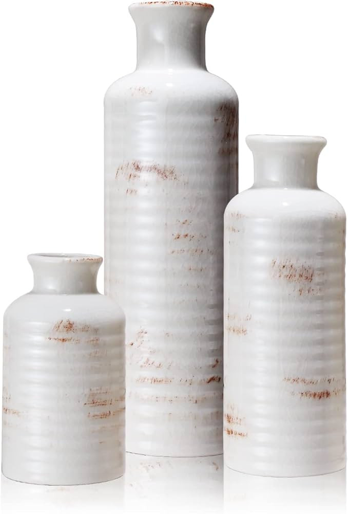 Virlwere Modern Distressed Small Ceramic Flower Decorative Vase White Set of 3 for Centerpieces D... | Amazon (US)
