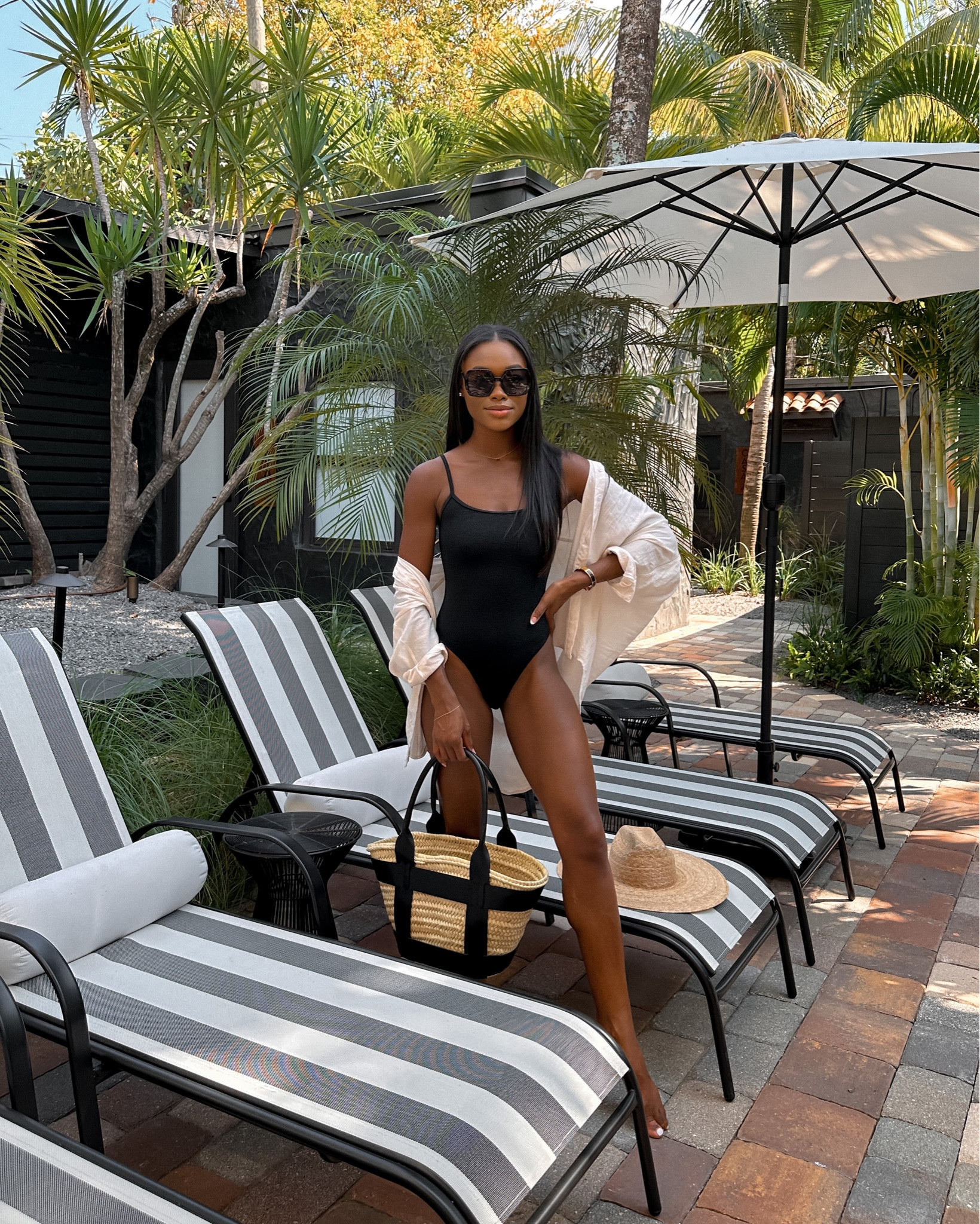 Black one piece swimsuit, white beach cover-up, black straw bag, pool outfit, beach outfit, palm beach, vacation style  

#LTKswim #LTKtravel #LTKSeasonal