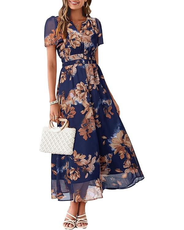 Simplee Women Floral Summer Maxi Dress Boho Flowy Casual Chiffon Short Sleeves V Neck Long Weddin... | Amazon (US)