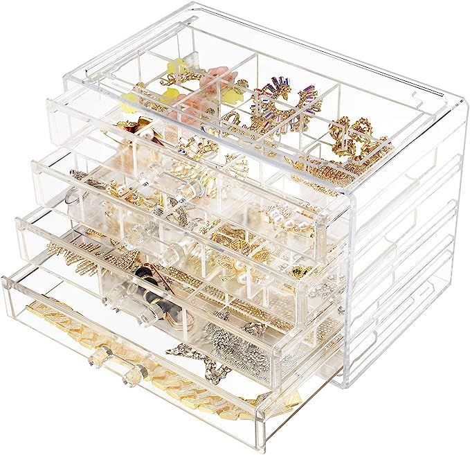 Weiai Acrylic Jewelry Box 4 Drawers, 72 Grids Clear Jewelry Organizer with Adjustable Dividers, L... | Amazon (US)