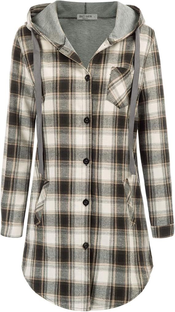 Women Flannel Plaid Button Down Top with Pockets Long Sleeve Hooded Jacket | Amazon (US)