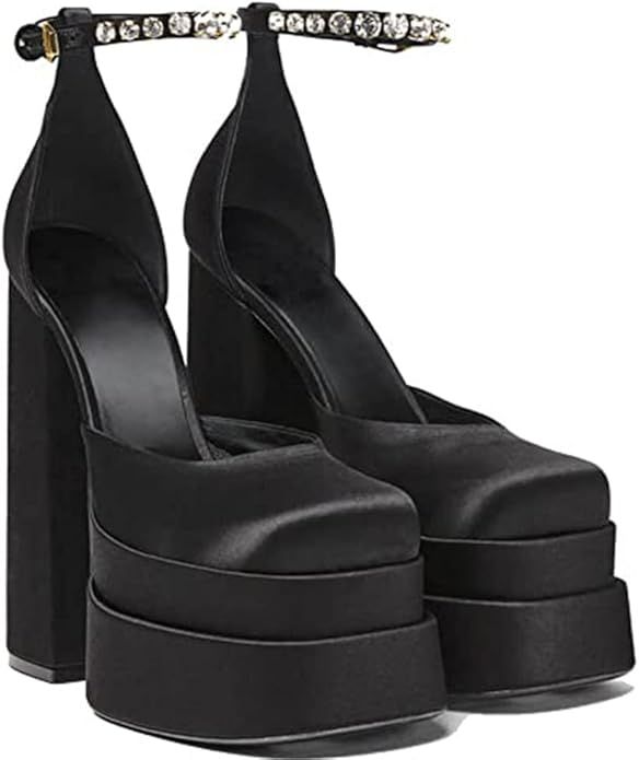 VIMISAOI Chunky Block Heels for Women Fashion Square Toe Ankle Strap Buckle Rhinestones Wedge Sil... | Amazon (US)