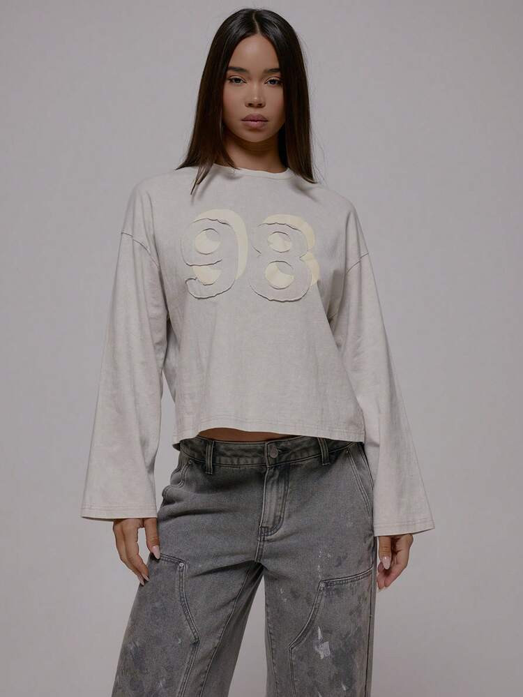 MUSERA Oversized Long Sleeve Graphic Disstressed Top Fall Autum Winter Streetwear Cool Girl Y2K Everyday Casual Sepia Spring Summer | SHEIN