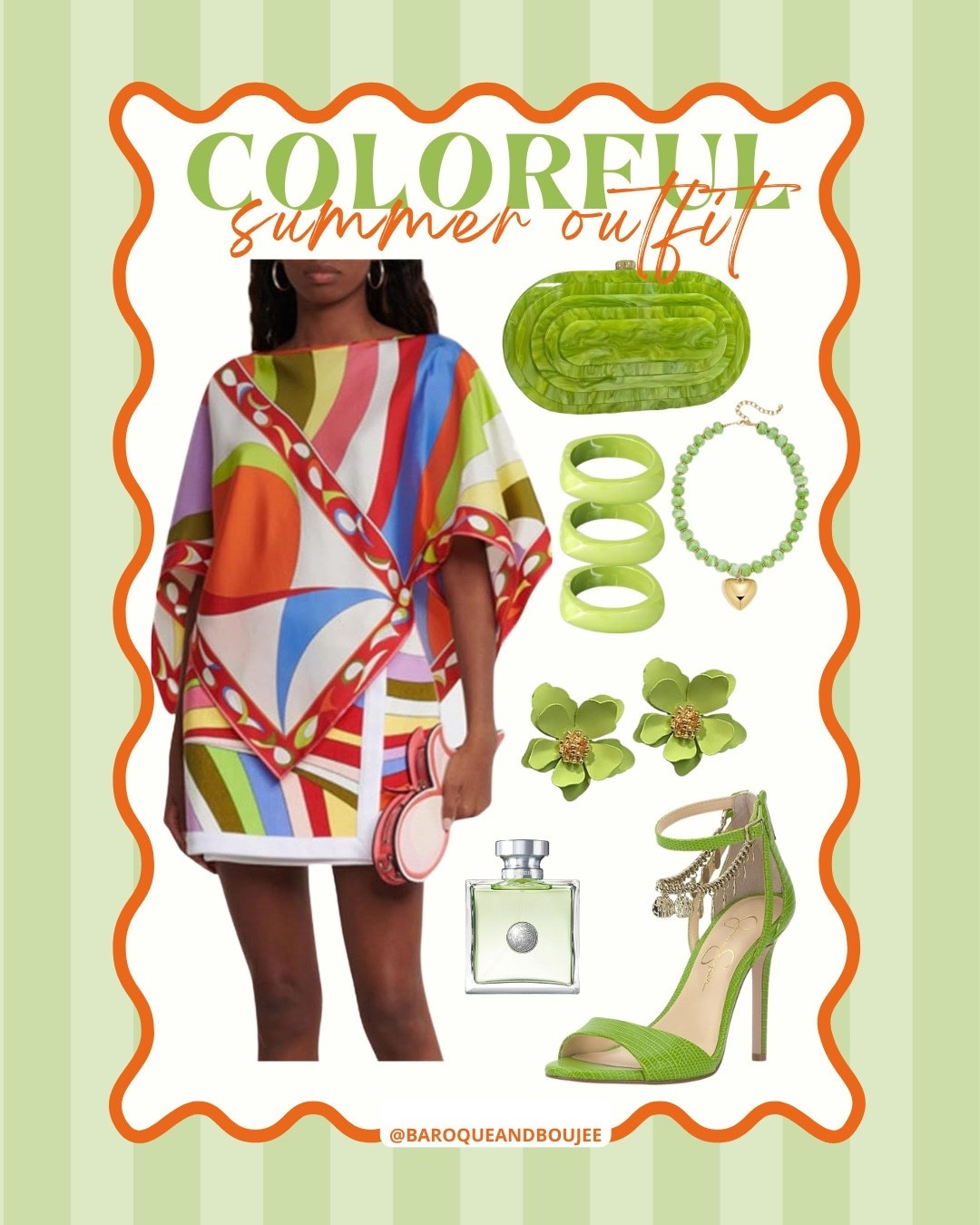 Colorful summer outfit idea for the girls who aren’t afraid to make a statement! We’ve got a pucci inspired geometric print co-ord skirt set and complimented it with a green accessories including an acrylic clutch, chunky bangles, floral earrings, a beaded heart pendent necklace, a statement heel and a fresh fragrance to tie it all together! 

This affordable outfit is a perfect wedding guest look, brunch outfit, cruise outfit, vacation outfit and even perfect for date night.

#LTKWedding #LTKSaleAlert #LTKootd