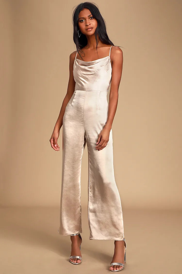 Perfect Night Champagne Satin Cowl Neck Culotte Jumpsuit | Lulus (US)
