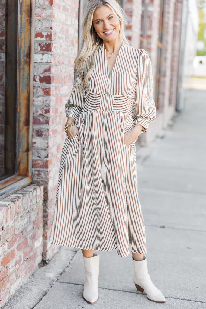 How You Love Brown Striped Midi Dress | The Mint Julep Boutique