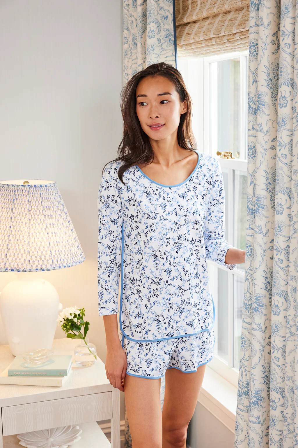 Pima Long-Short Set in Serene Blue Botanical Vines | Lake Pajamas
