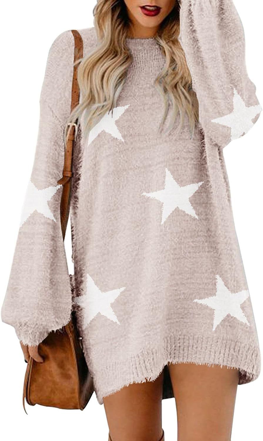 Cutiefox Women's Furry Oversized Crew Neck Pullover Sweater Mini Dress | Amazon (US)