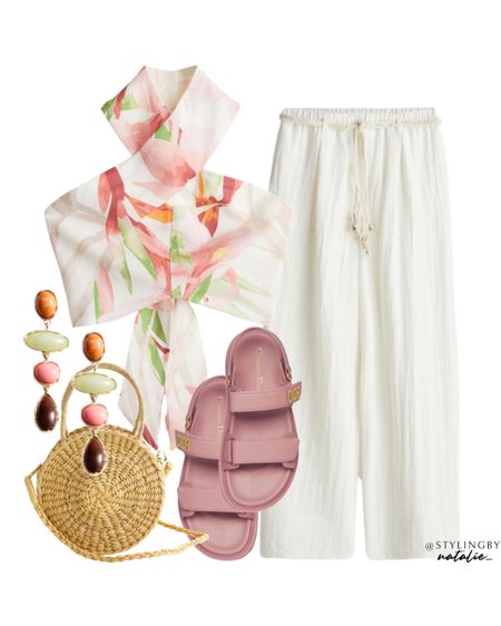 Halter neck crop top with tropical print, macrame belt linen trousers, pink leather sandals, straw round bag &  earrings.
Holiday outfit, vacation outfit, summer outfit 

#LTKsummer #LTKeurope #LTKstyletip