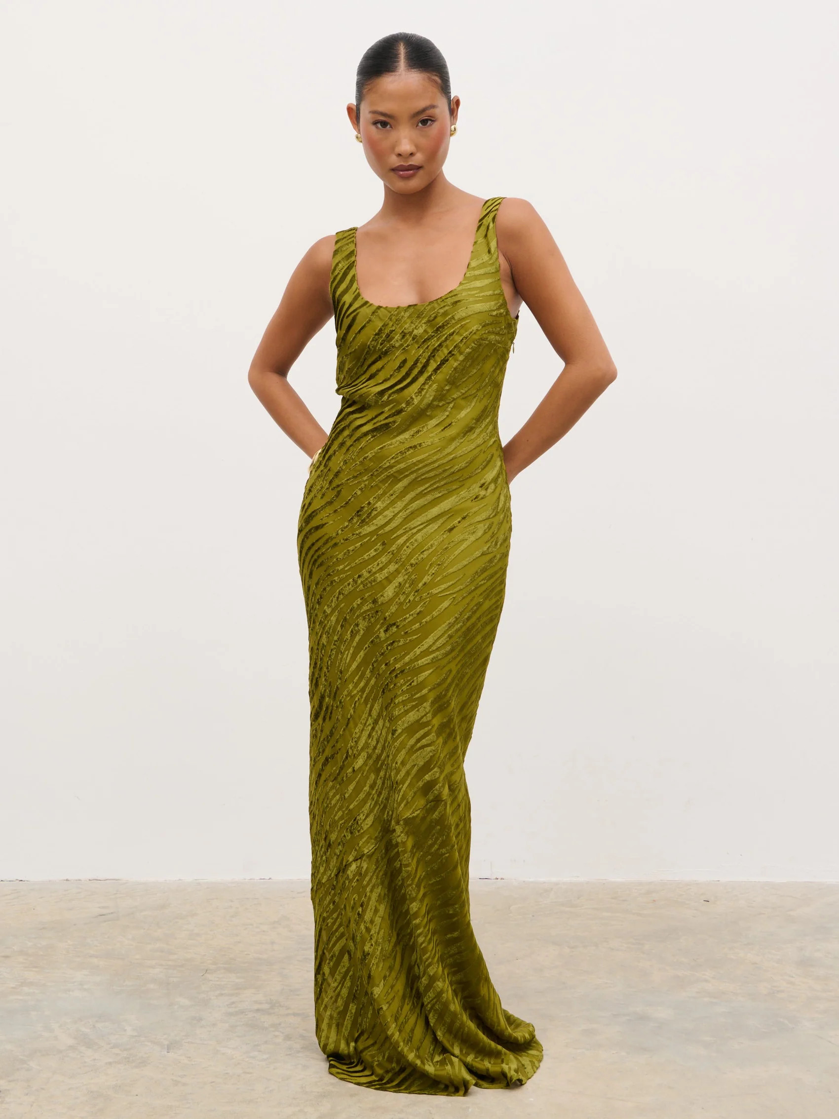 Kendall Scoop Devore Maxi Dress - Tarragon | Pretty Lavish (UK)