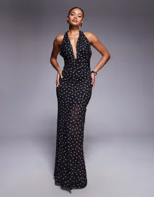 ASOS DESIGN halterneck detail mesh maxi dress with sheer skirt in polka dot print | ASOS (Global)