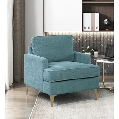 Chenille Fabric Upholstery Plywood Metal Modern Comfort Accent Chair with Foam Padding, Reversible Cushions, Removable Cover and Gold Finish Legs | Target