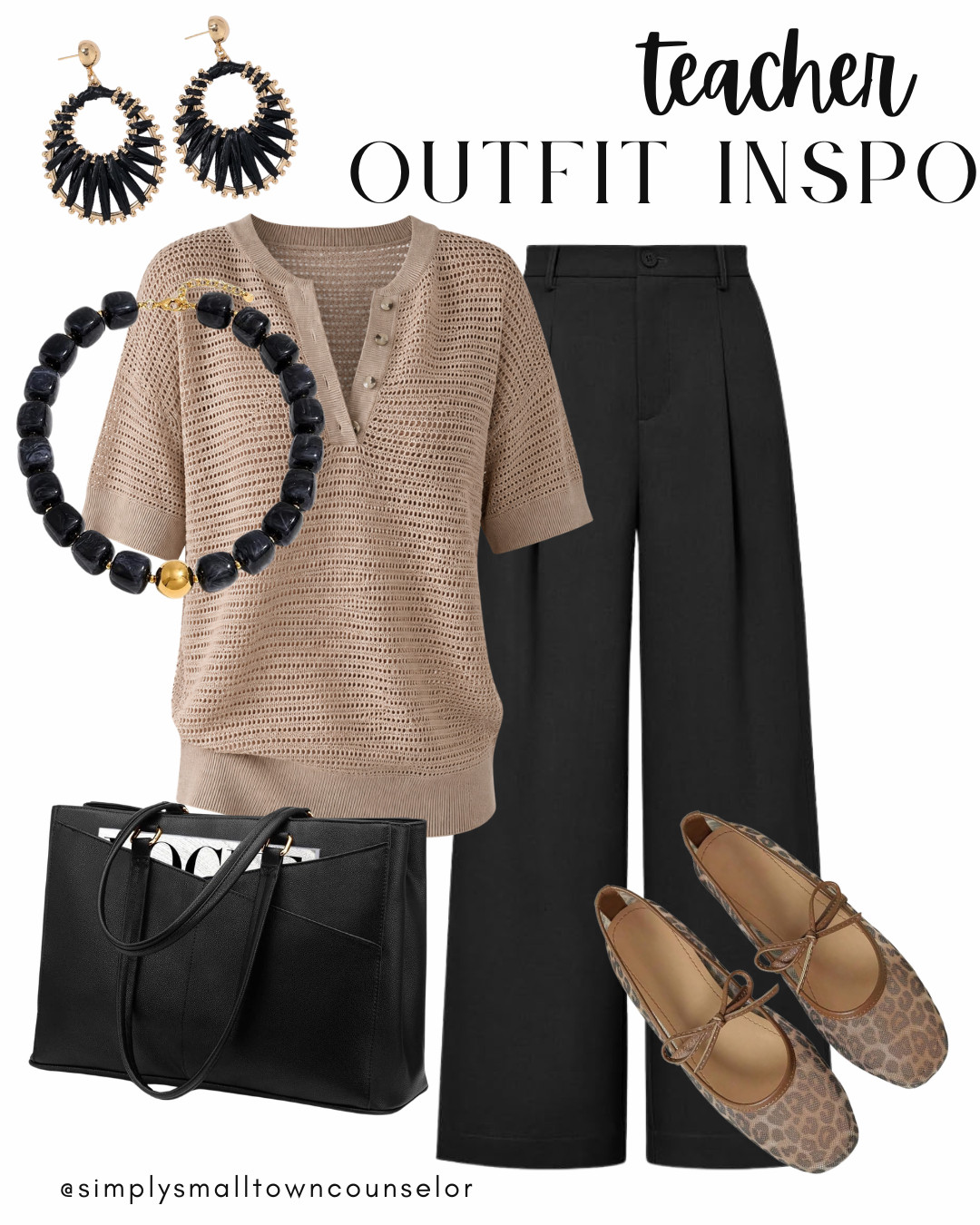 Teacher Outfit Inspo 🍂 This open-knit sweater and wide-leg pants create the perfect polished-but-comfy classroom look for early fall! Add leopard Mary Janes and bold black accessories for a fun pop of personality. 🖤
 

 #LTKWorkwear