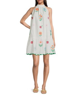 Eloise Halter Neck Sleeveless Embroidered Mini Shift Dress | Dillard's