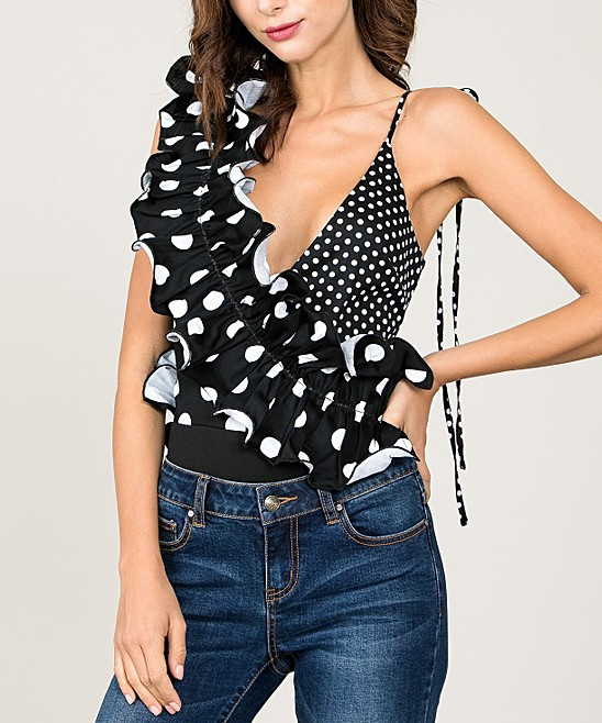 Tea & Cup Women's Bodysuits BLACK/WHITE - Black & White Polka Dot Cross-Body Ruffle Bodysuit - Junio | Zulily