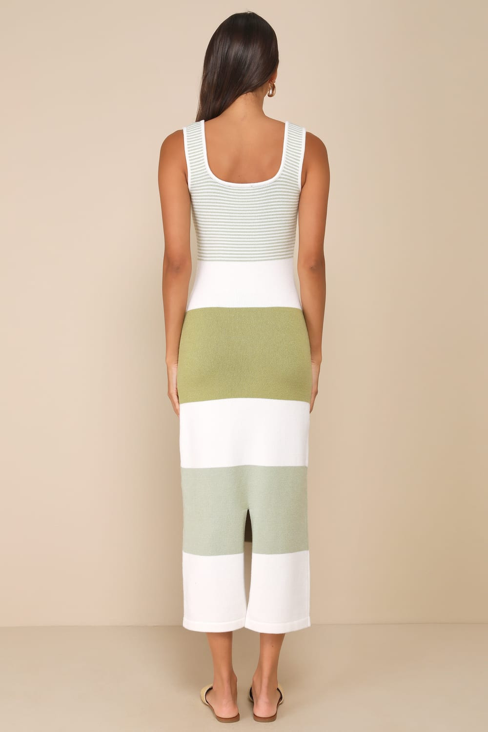 Easily Gorgeous Ivory and Sage Green Striped Midi Sweater Dress | Lulus
