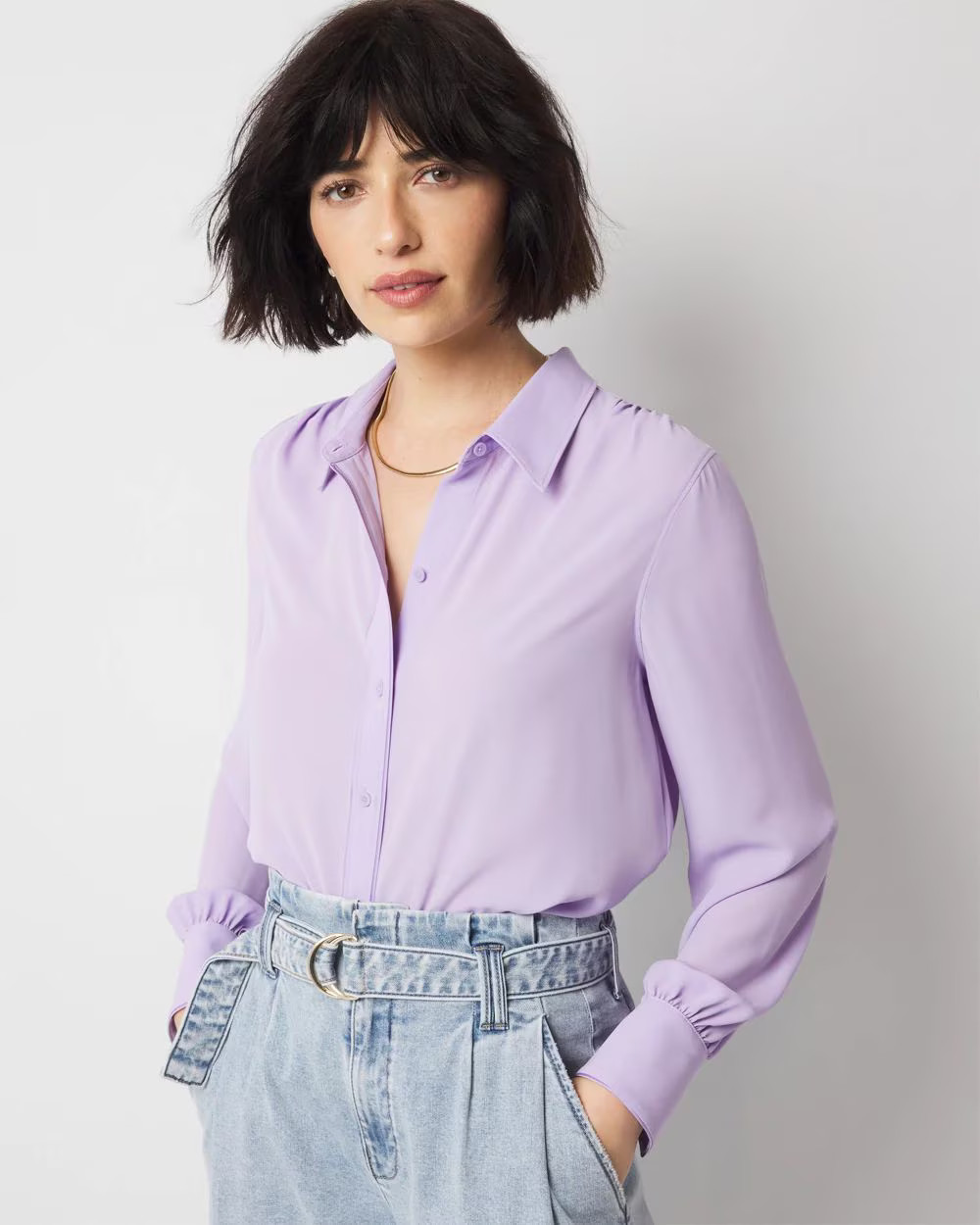 Petite Long Sleeve Soft Shirt with Piping | White House Black Market