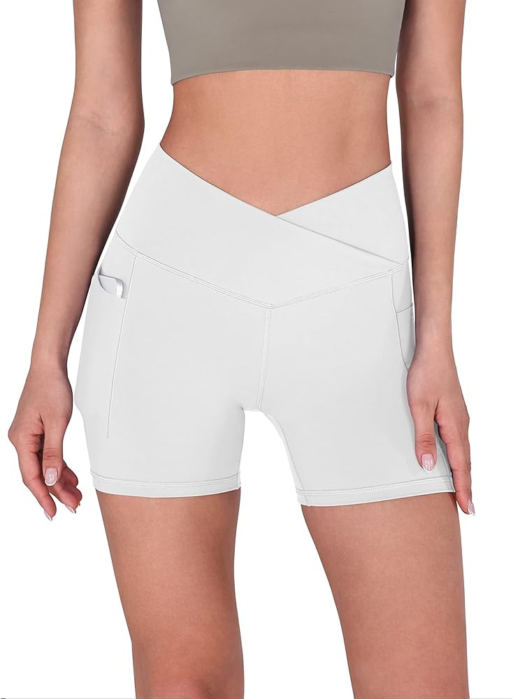 ODODOS Crossover Yoga Shorts for Women 5" Inseam High Waist Athletic Workout Running Biker Shorts | Amazon (US)