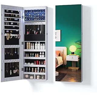 SONGMICS 6 LEDs Mirror Jewelry Cabinet, 47.2"H Lockable Wall/Door Mounted Jewelry Armoire Organiz... | Amazon (US)