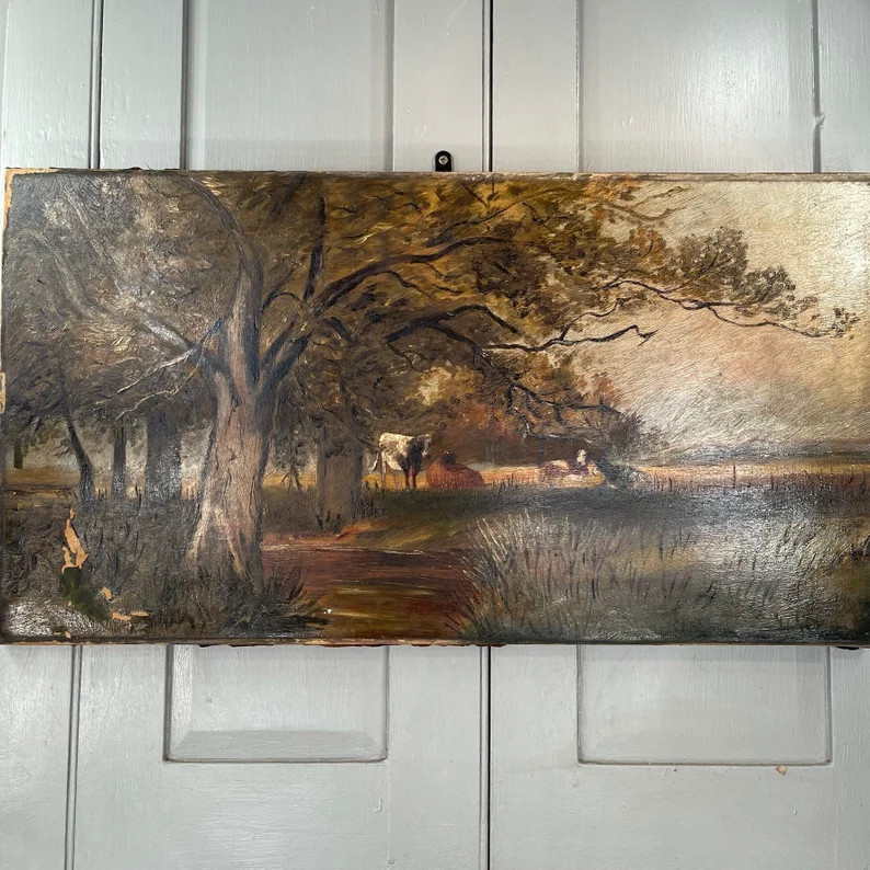 Antique river landscape oil painting of cows in field | Etsy (US)
