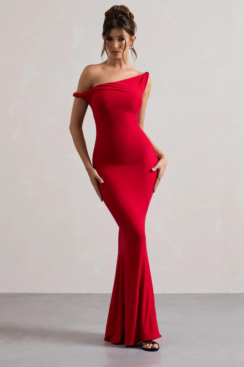 Lita  Red Twisted Asymmetric Maxi Dress | Club L London