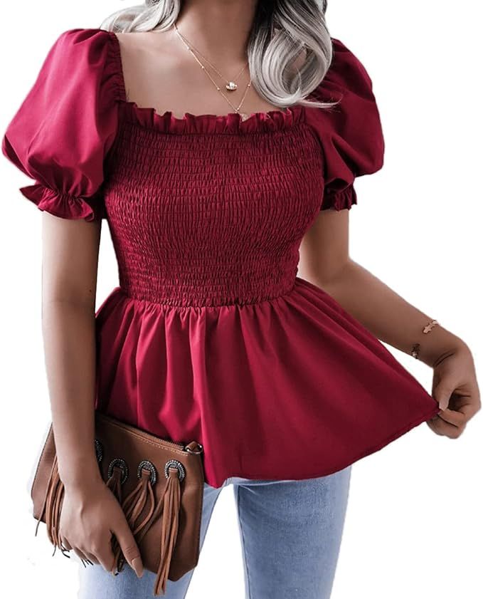 WAYMODE Women's Puff Sleeve Square Neck Shirred Ruffle Peplum Blouse Tops Shirt | Amazon (US)