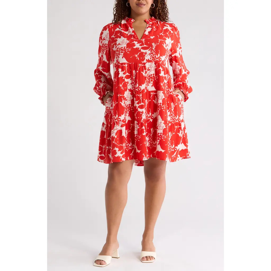 caslon(r) Floral Tiered Long Sleeve Dress in Pink- Red Zinnia Floral at Nordstrom, Size 2X | Nordstrom